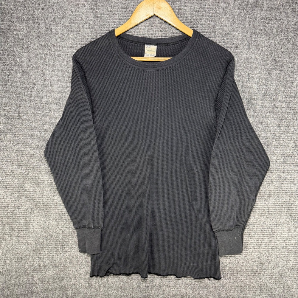 Vintage GreatLand Thermal Shirt Mens Large Black Waffle Knit Long Sleeve USA